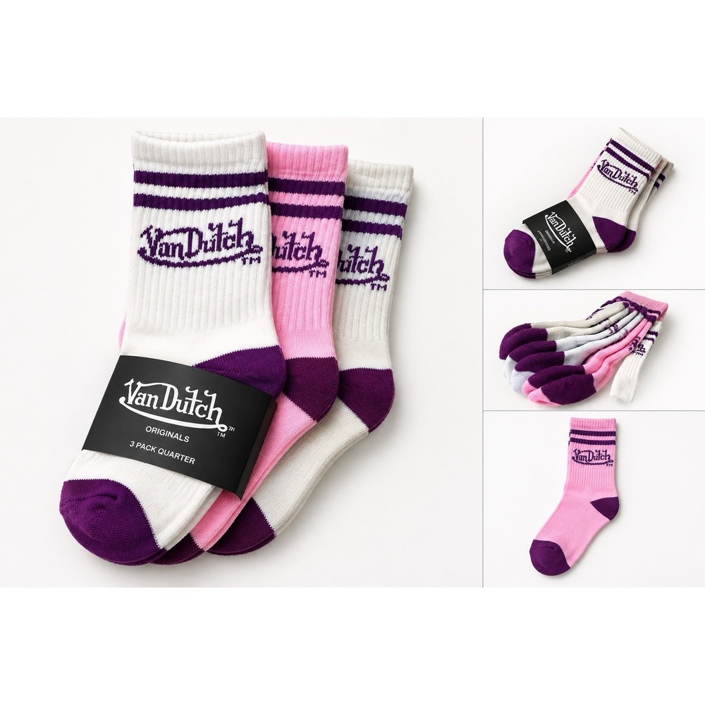 Von Dutch 3-Pair Quarter Athletic Socks One Size Multicolor Striped Logo